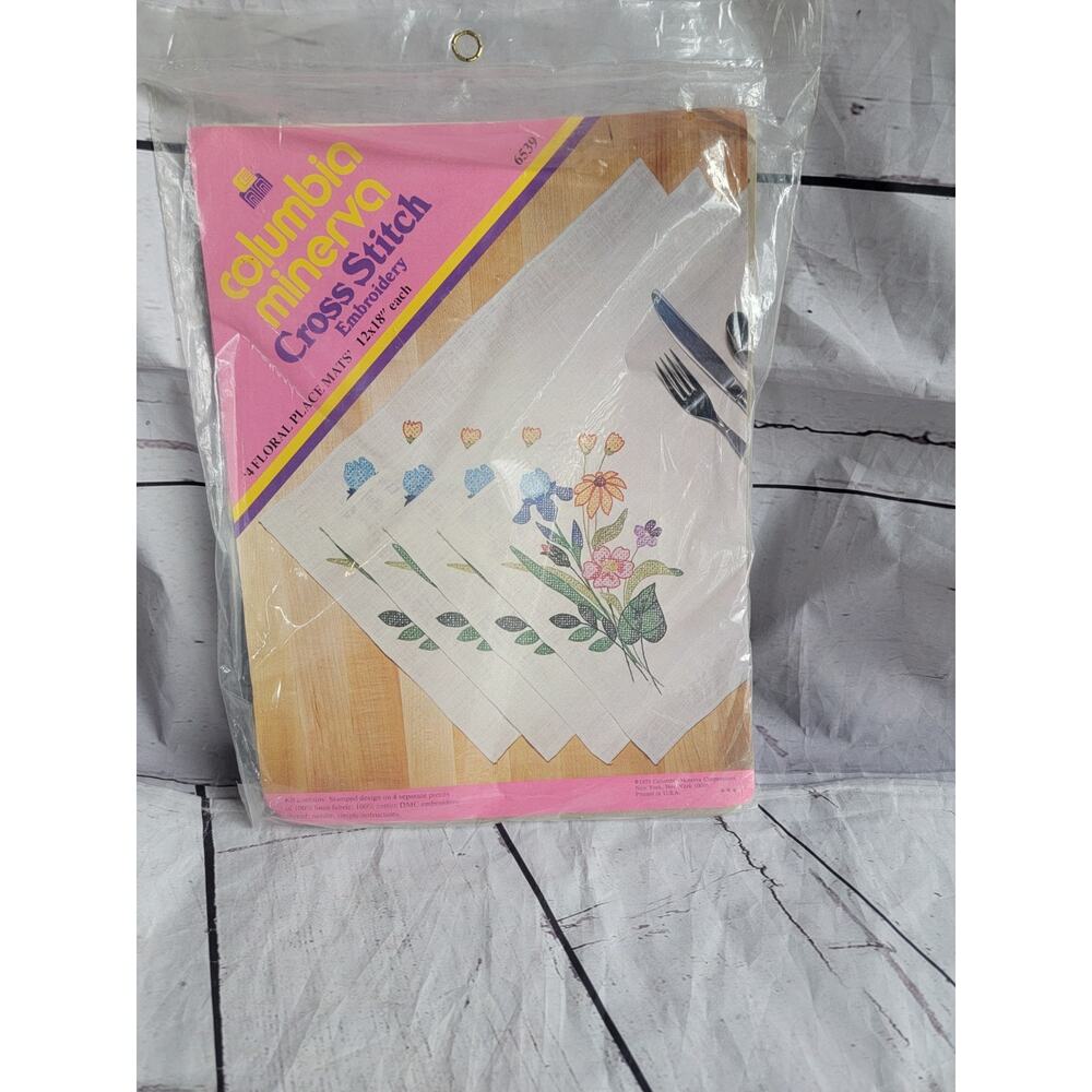 Vintage 1973 Placemat Kit Columbia Minerva Floral Cross Stitch on Linen #6539